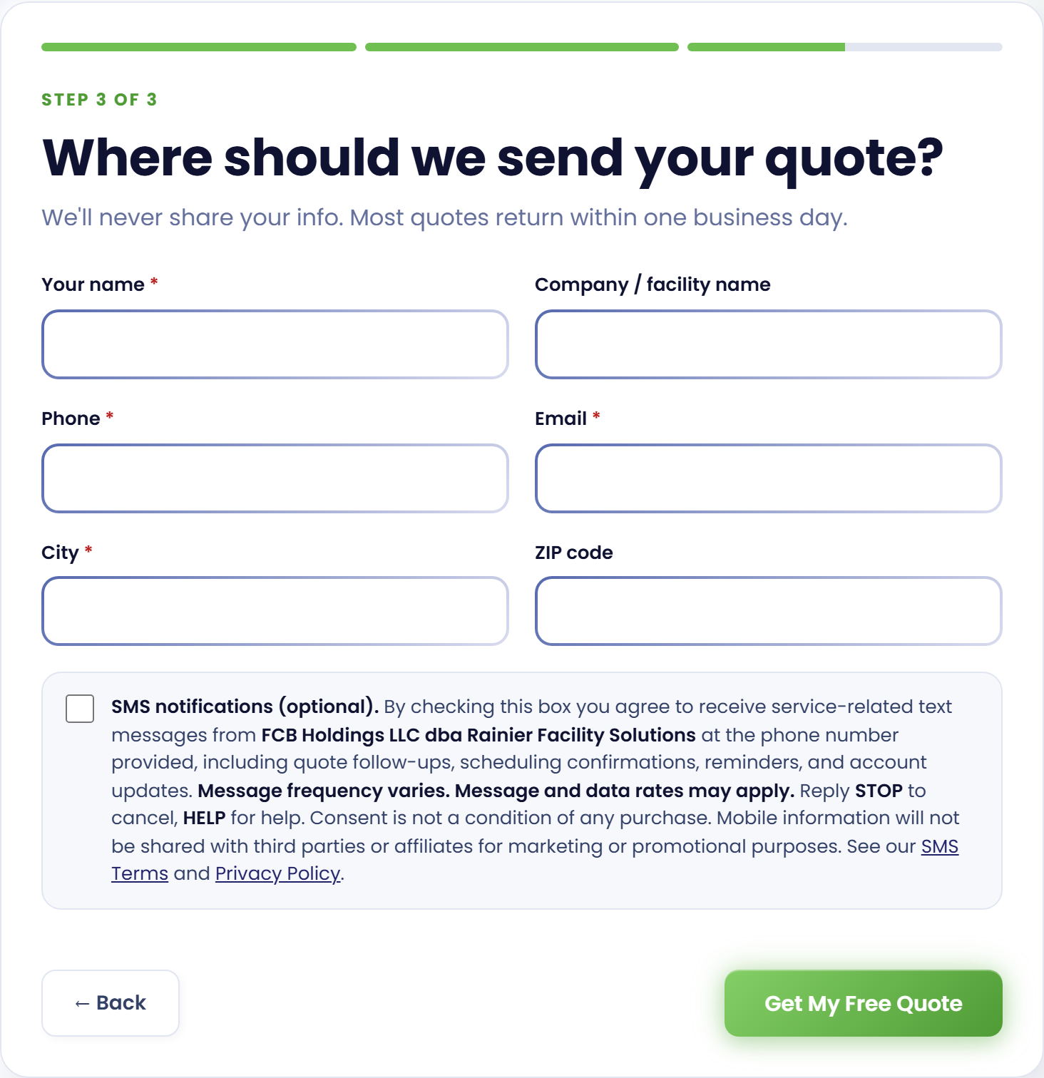 The Rainier Facility Solutions Free Quote form on Step 3 of 3, showing the Name, Company, Phone, Email, City, and ZIP fields above the unchecked SMS consent checkbox and its full disclosure text, with Back and Get My Free Quote buttons below.